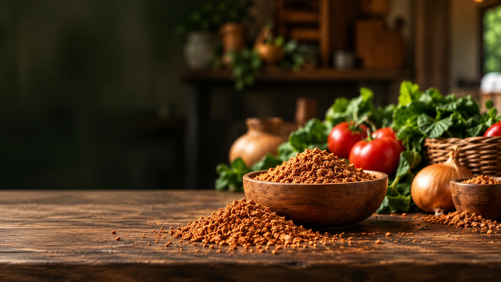 Ground crayfish, tomatoes, and greens on a rustic kitchen table