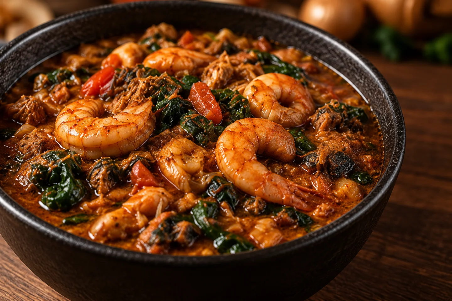Rich Nigerian crayfish stew with vegetables