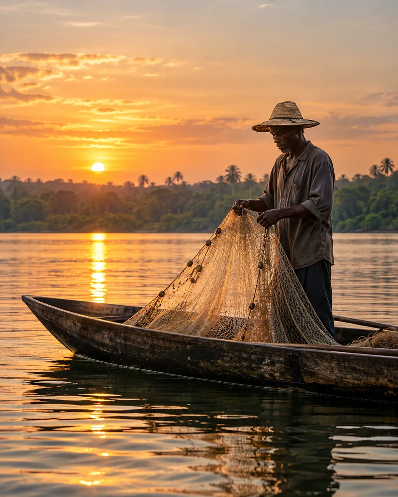 Nigerian fisherman handling a net from a wooden canoe