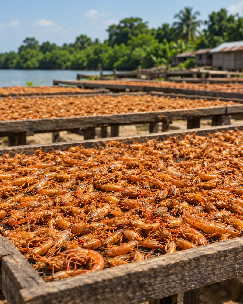 Crayfish drying naturally on outdoor trays