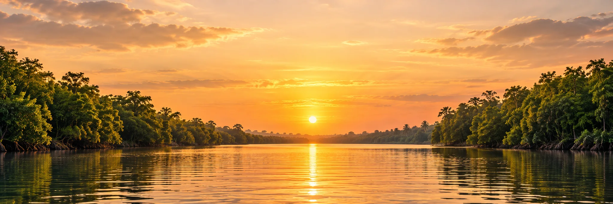 Nigerian river surrounded by lush forest at golden hour