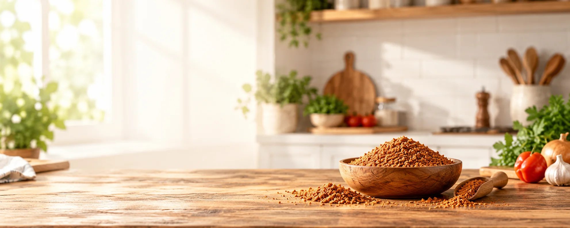 A bright kitchen counter with a bowl of ground crayfish
