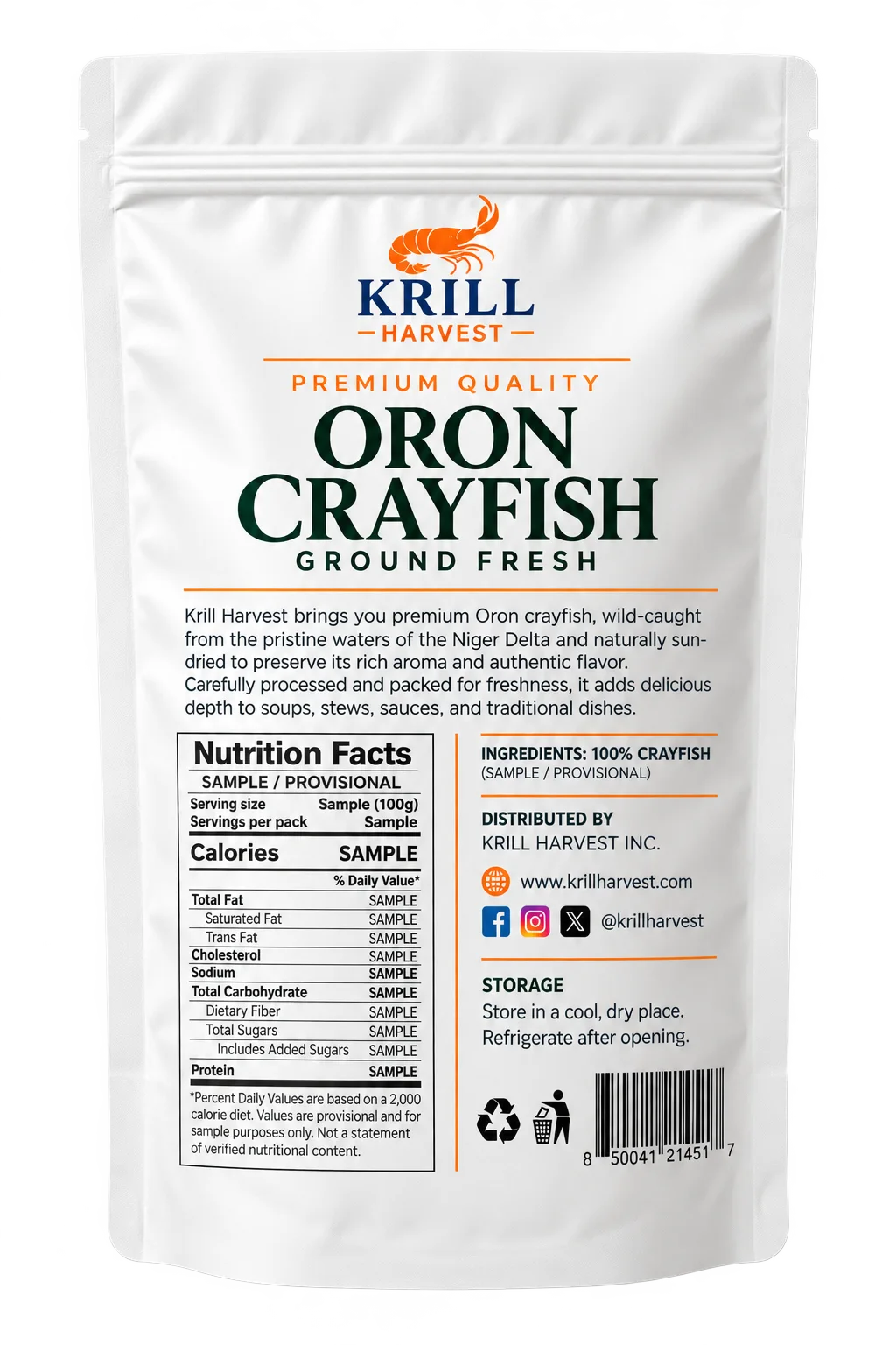 Provisional back label for the Krill Harvest premium Oron ground crayfish pouch