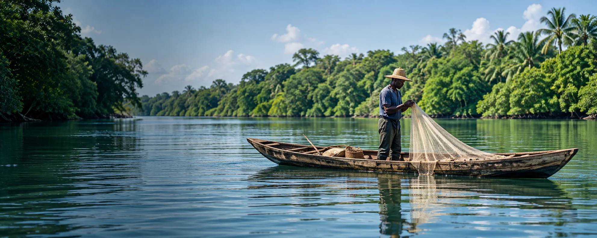 A Nigerian fisherman handling a net from a wooden canoe on a lush river