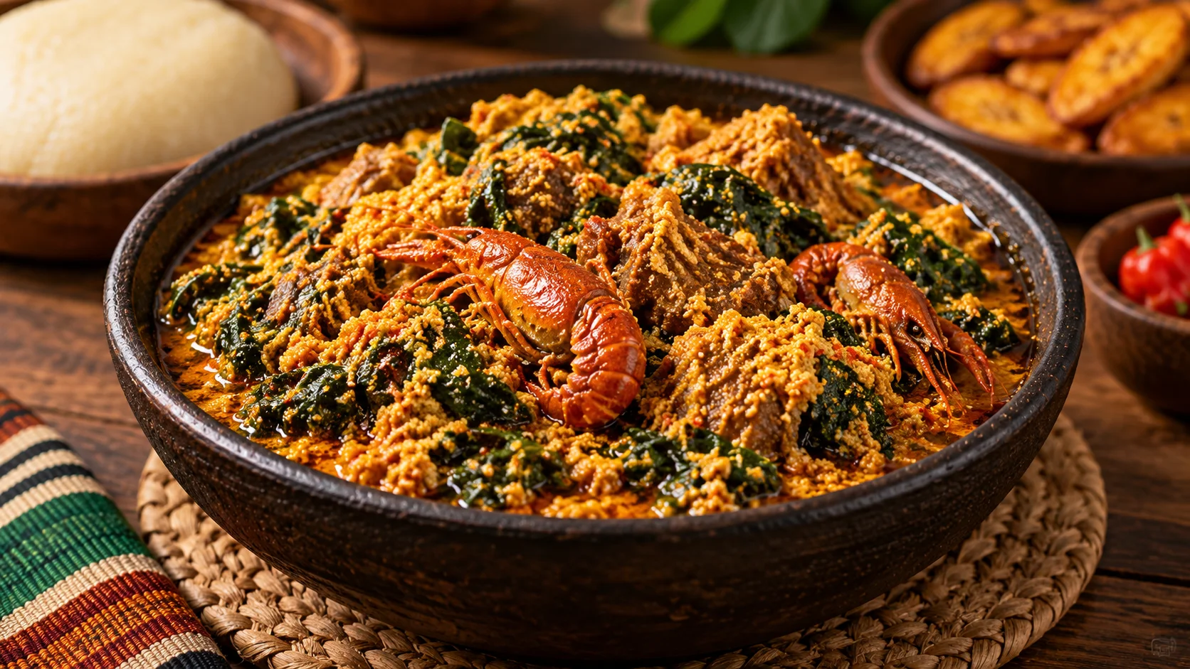 Nigerian Egusi soup with leafy greens and crayfish