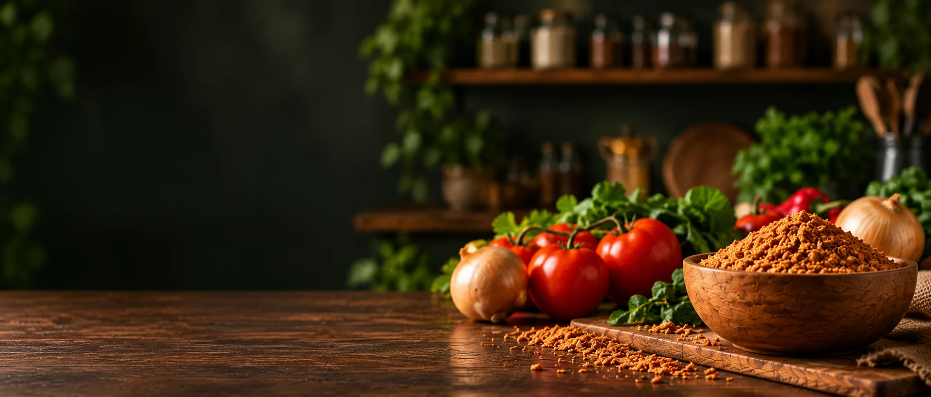 Ground crayfish, tomatoes, onions, and greens in a dark kitchen