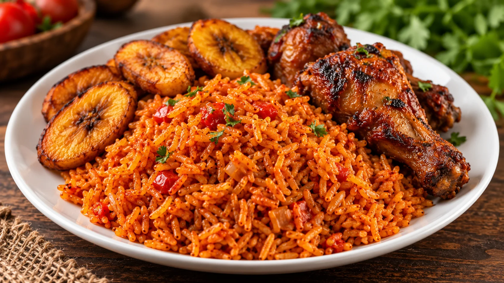 Nigerian Jollof rice with grilled chicken and fried plantain