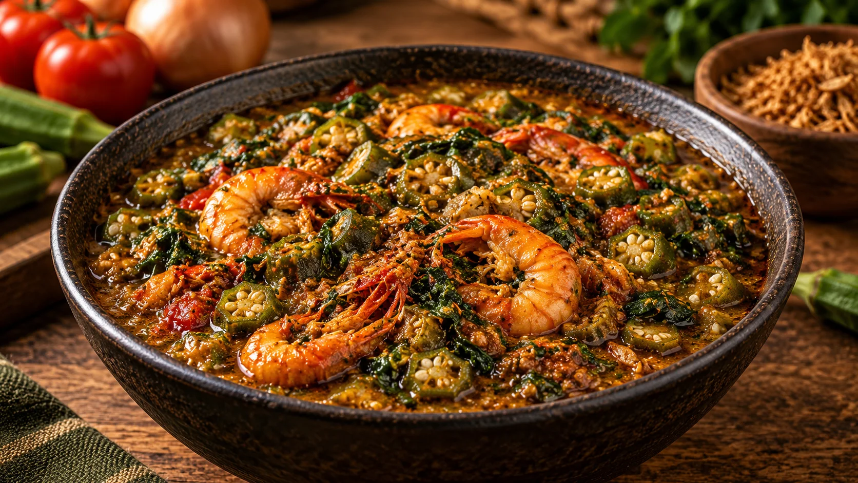 Nigerian okra soup with greens and crayfish