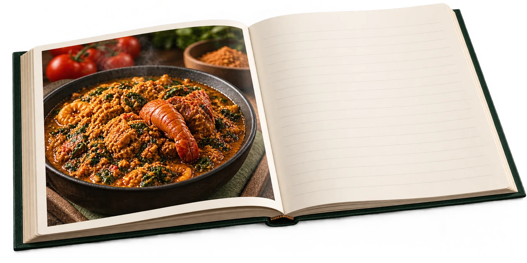 An open recipe book displaying a Nigerian dish