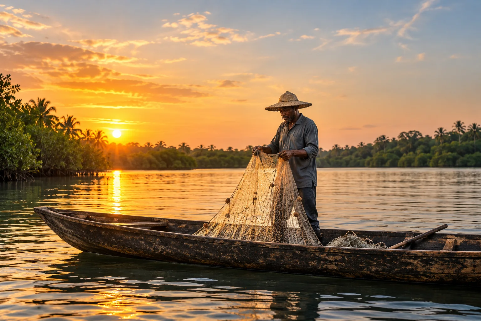 A Nigerian fisherman standing in a wooden canoe and gathering his net at sunset