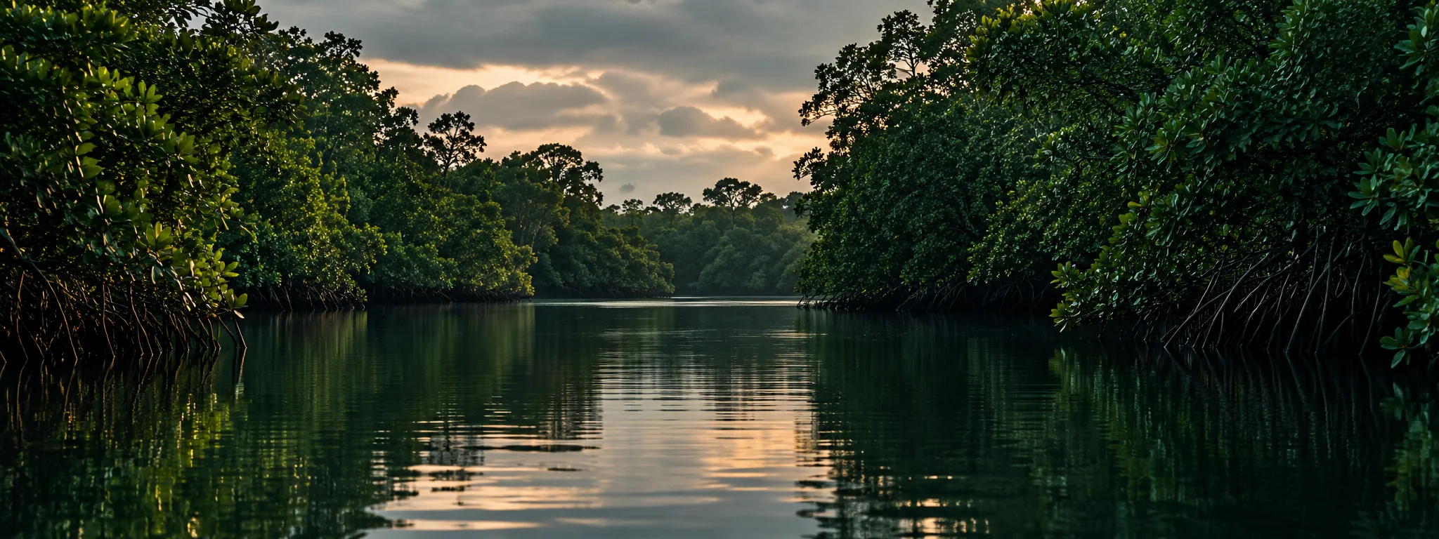 Calm river water winding through deep green Nigerian mangroves